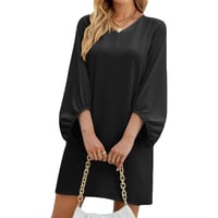 Solid Color V-Neck Puff Sleeve Loose Dress