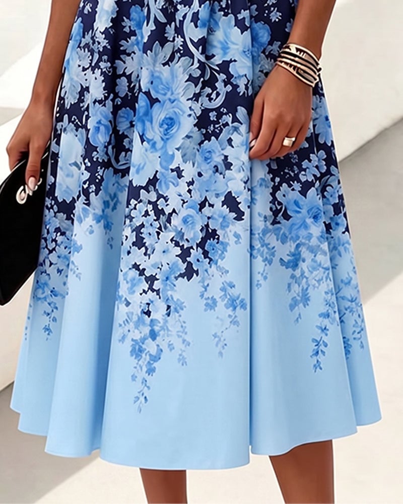 Sleeveless Crew Neck High Waist Printed Dress