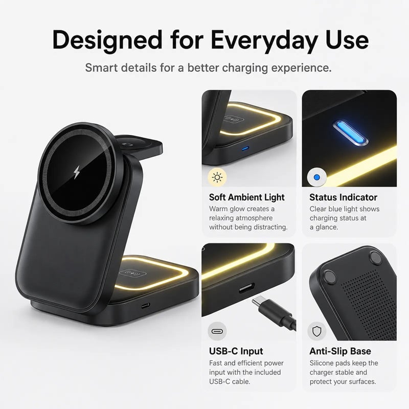 Sakerplus® 3-In-1 Foldable Magnetic Wireless Charging Station