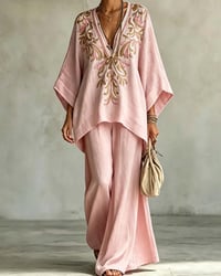 V-Neck  Wide-Leg Pants Set