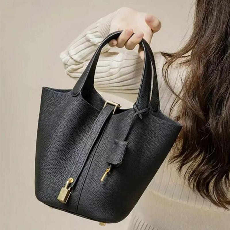 Trendy Plain Color Leather Handbag with Lock Design