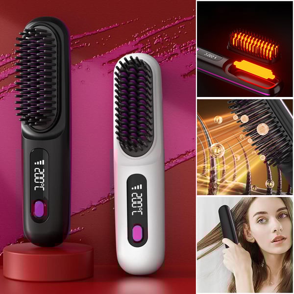 Ceramic Heated Cordless Portable Curling Straightening Brush