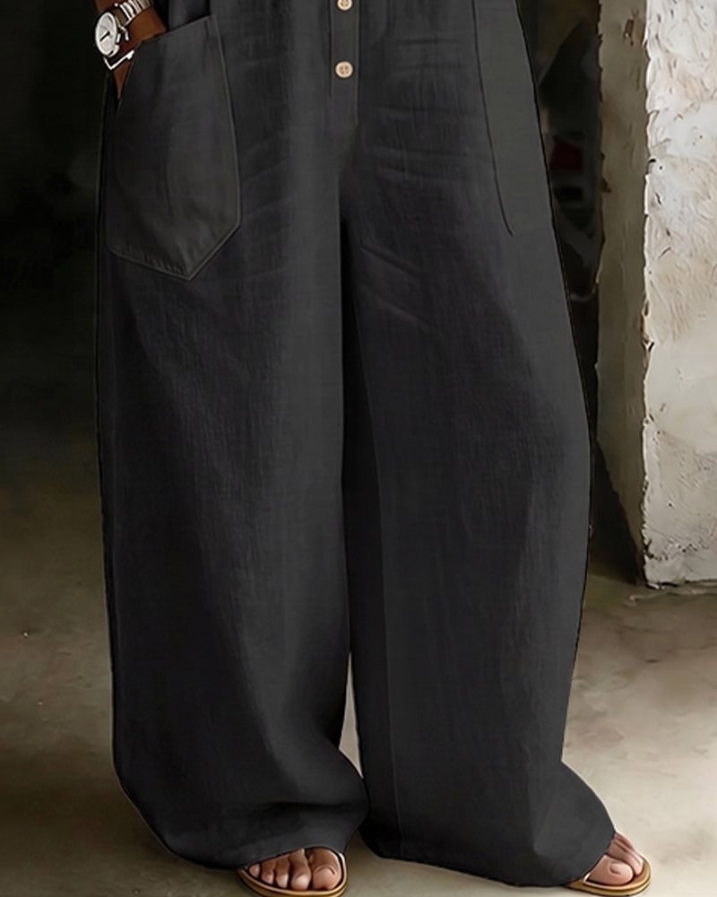 100% Cotton Lapel Collar Casual Wide Leg Jumpsuit