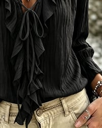 Ruffle Trim Lace-Up Long Sleeve Blouse