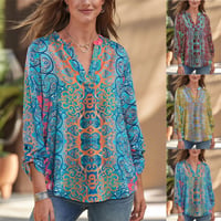 Women's Casual Boho Print V Neck Long Sleeve T-Shirt