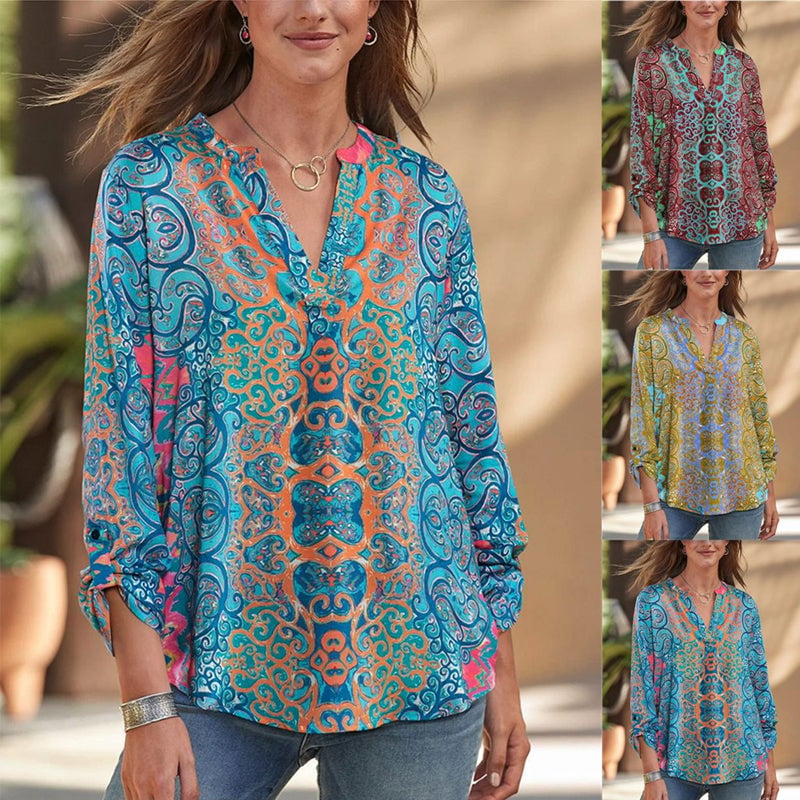 Women's Casual Boho Print V Neck Long Sleeve T-Shirt