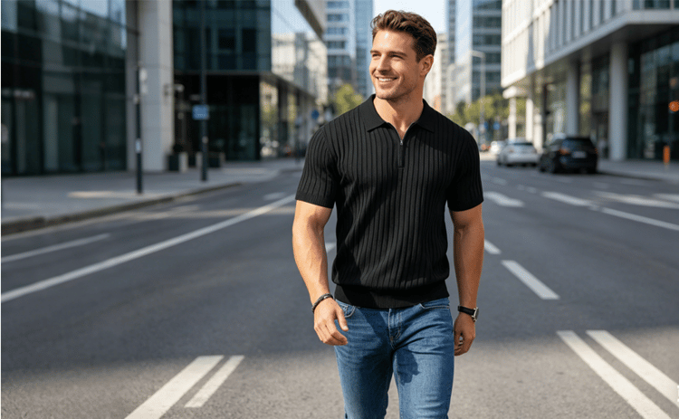 Men's zipper ribbed knit polo shirt detail 35