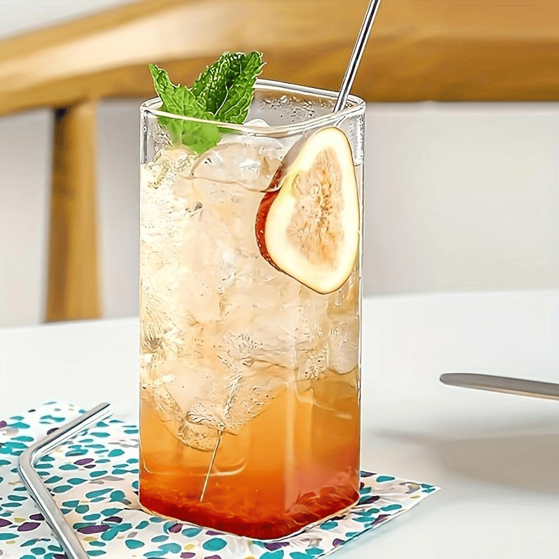 Stylish Square Glass Drink Cup with Lid and Straw