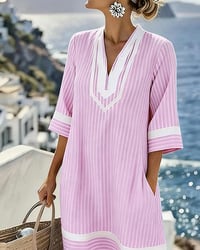 V-Neck Short Sleeve Striped Dress