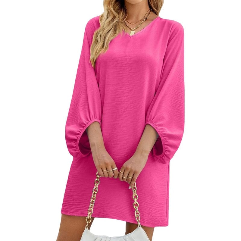 Solid Color V-Neck Puff Sleeve Loose Dress