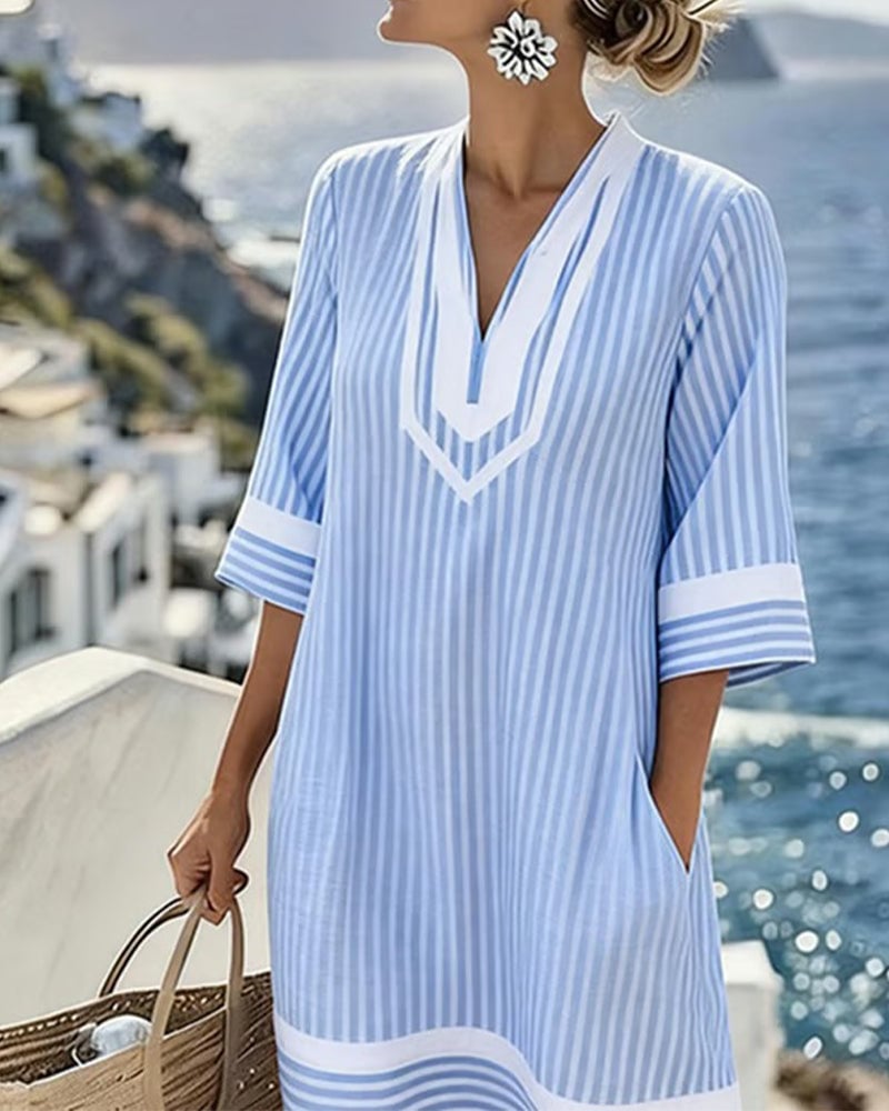 V-Neck Short Sleeve Striped Dress