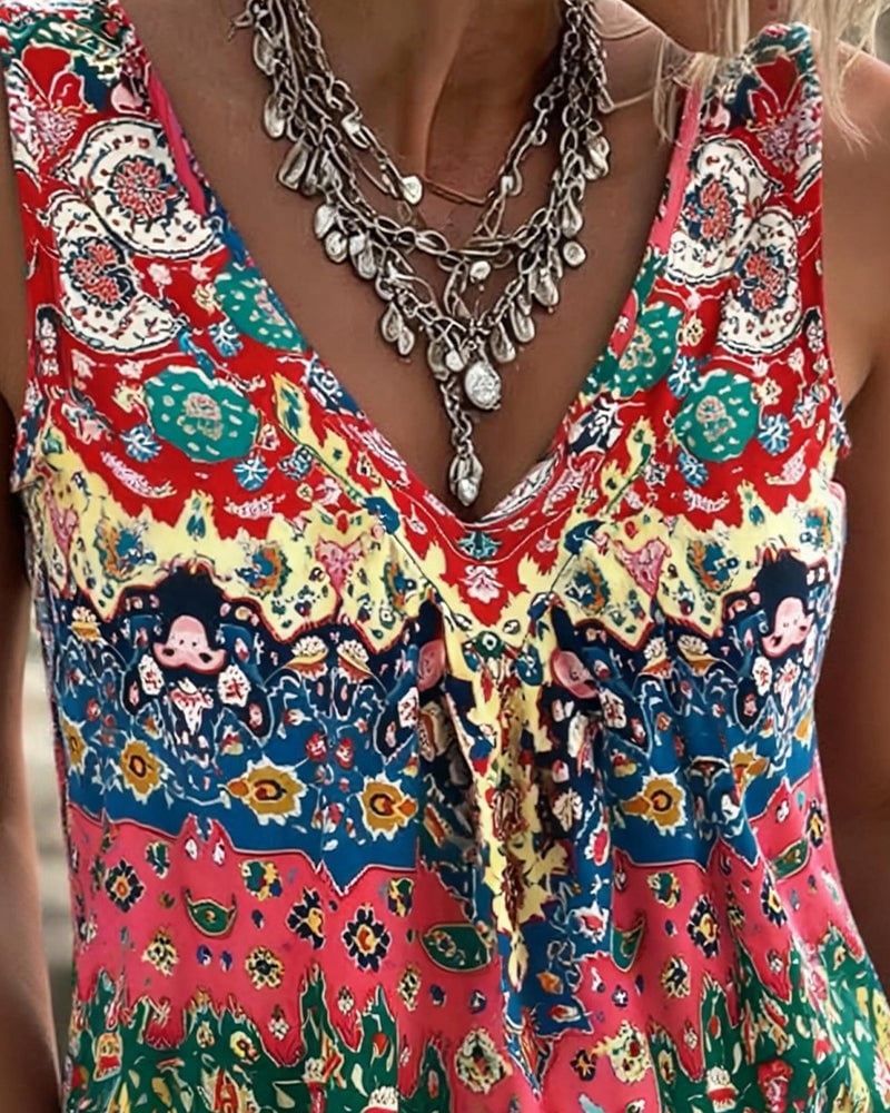 Ethnic Print V-Neck Sleeveless Tank Top