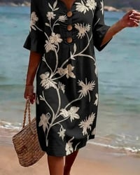 Petite V-Neck Ruffle Three-Quarter Sleeve Dress
