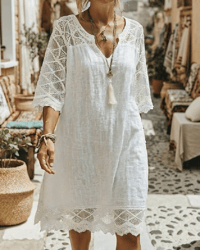 V-Neck Lace Patchwork Casual Dress