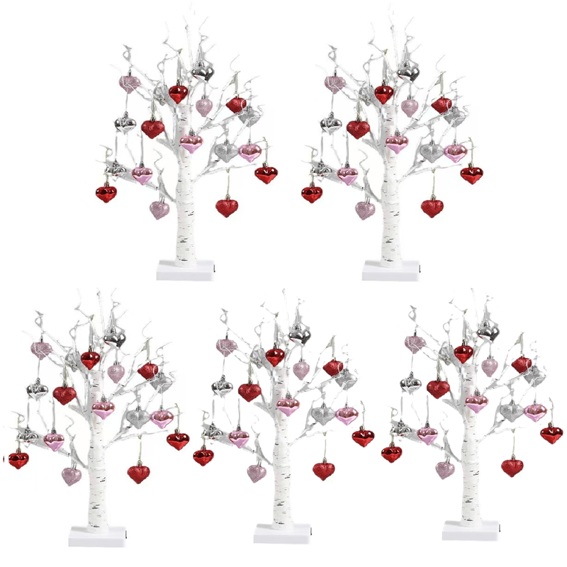 LED Tabletop Birch Tree with 18 Heart Ornaments