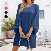 Solid Color V-Neck Puff Sleeve Loose Dress