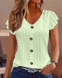 Flutter Sleeve Hollow Out Button Blouse
