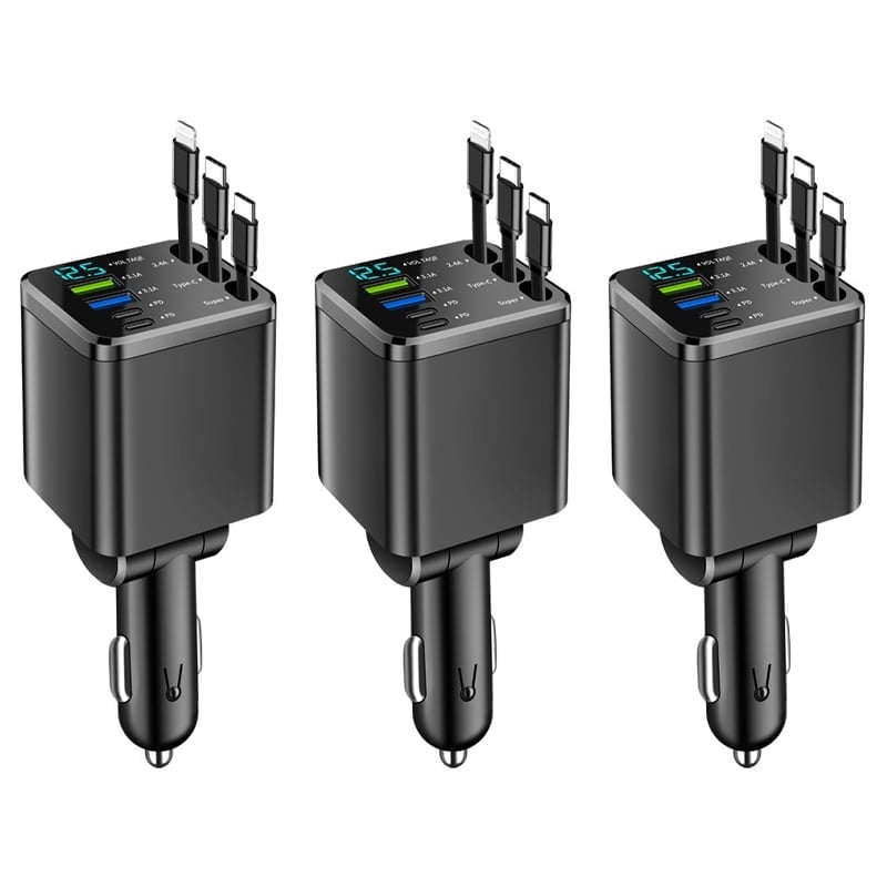 7-in-1 Universal Retractable Car Charger with Intelligent Voltage Display