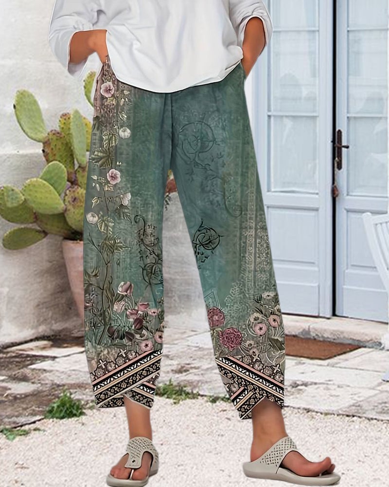 Retro print pocket baggy pants