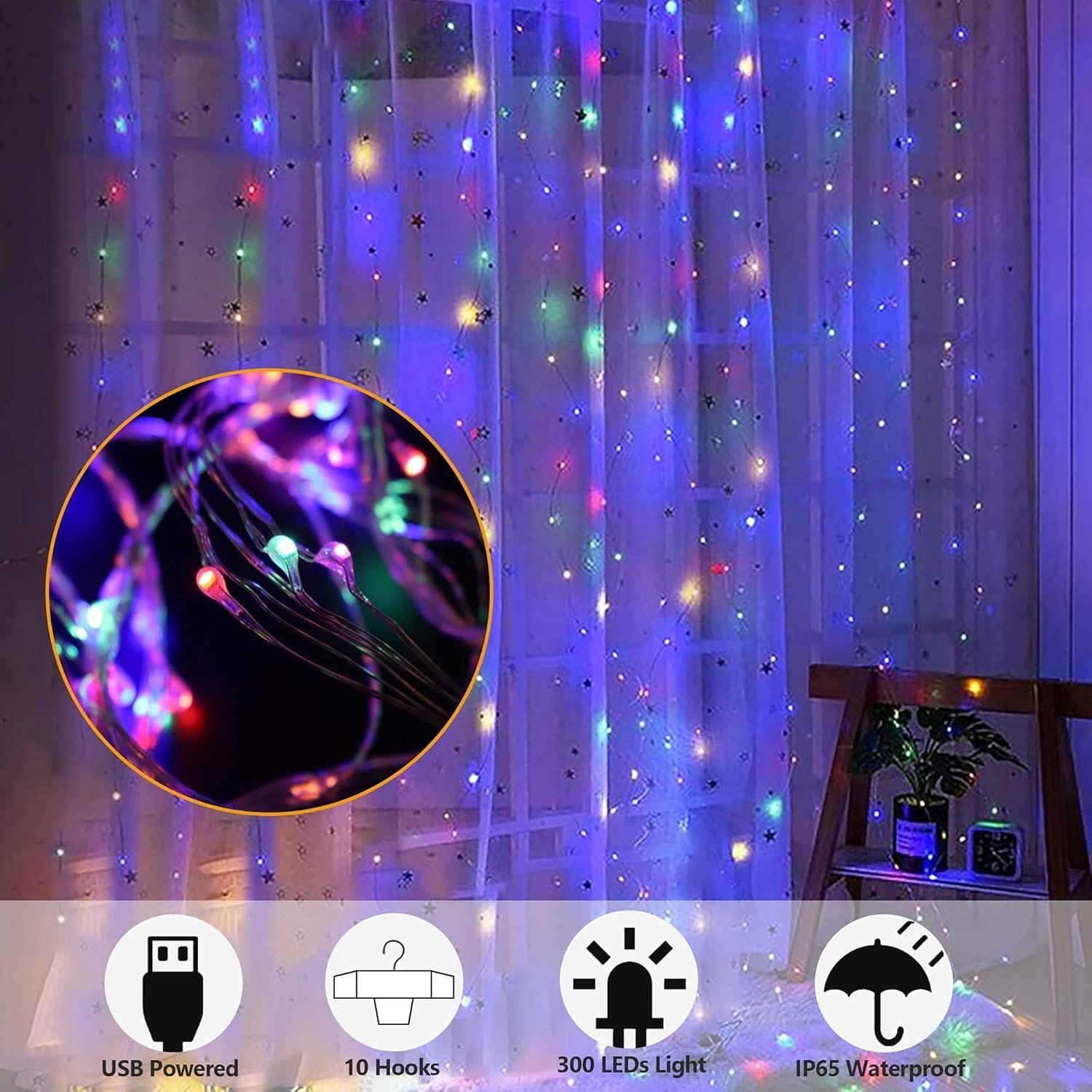 Sakerplus LED Copper String Curtain Lights with USB Remote