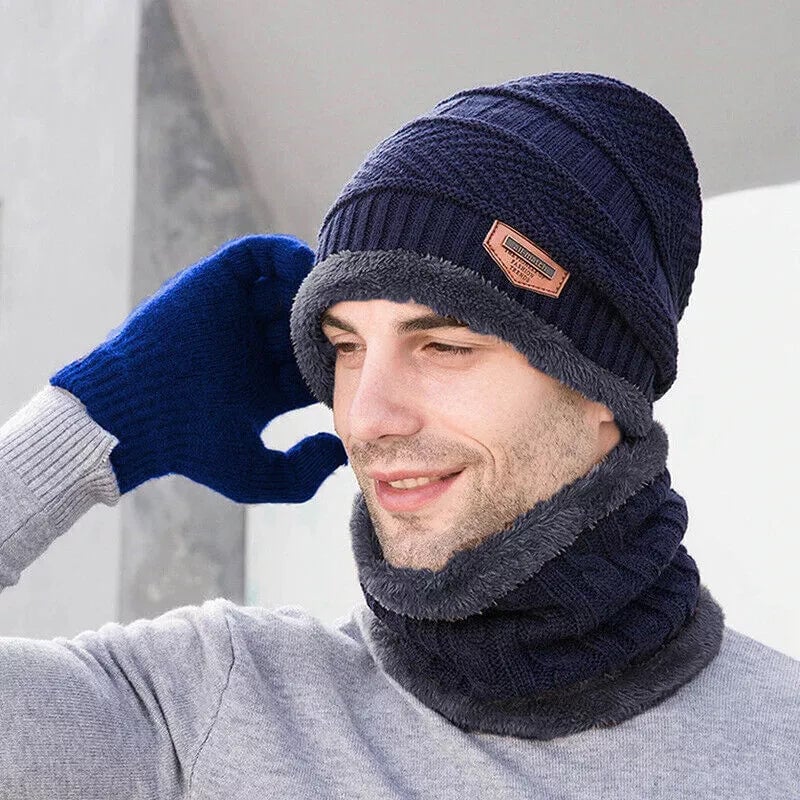 Knit Beanie Scarf and Gloves Warm 3-Piece Set