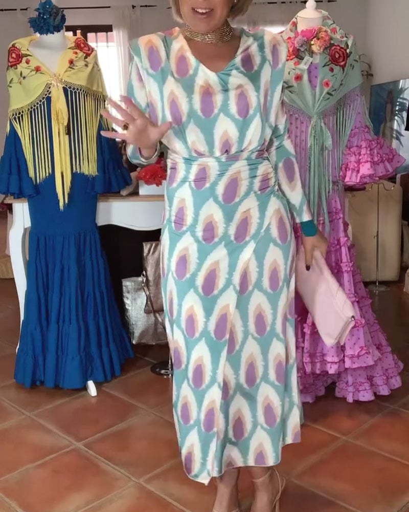 Elegant printed V-neck long-sleeve slim dress