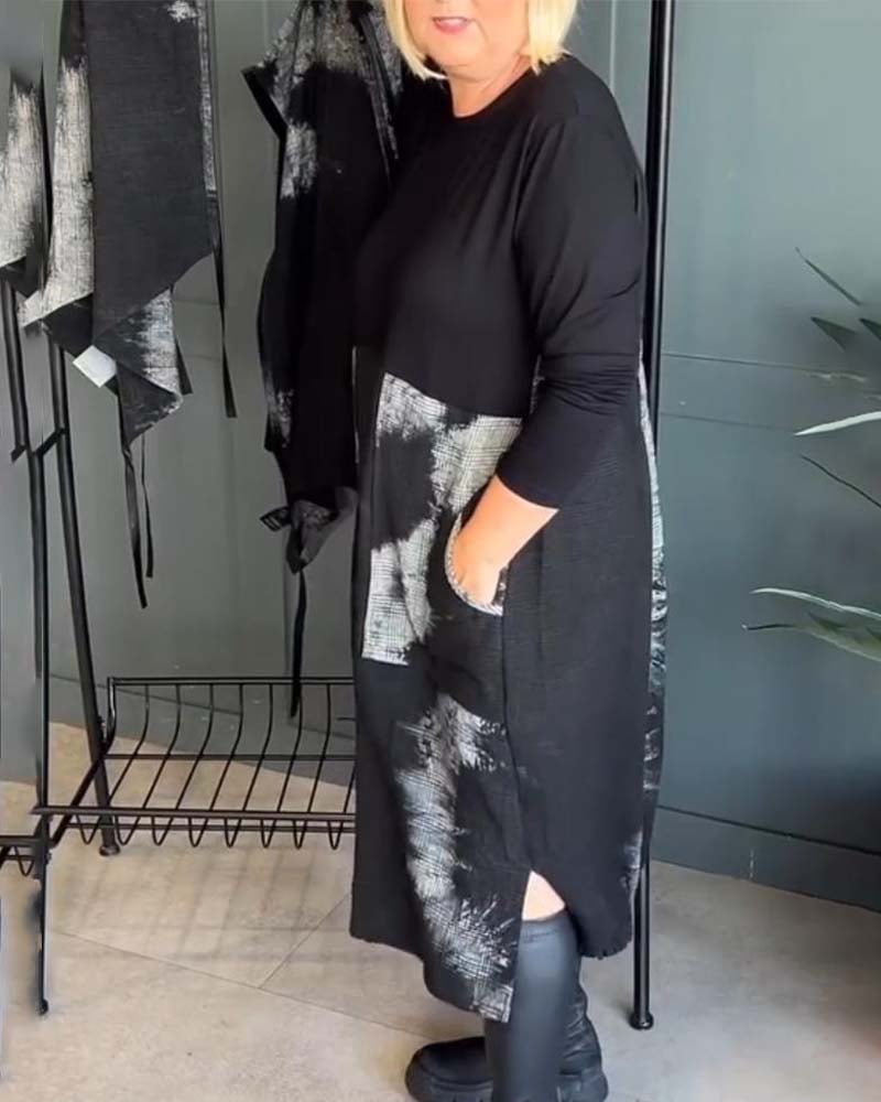 Casual printed pocket long sleeve dress