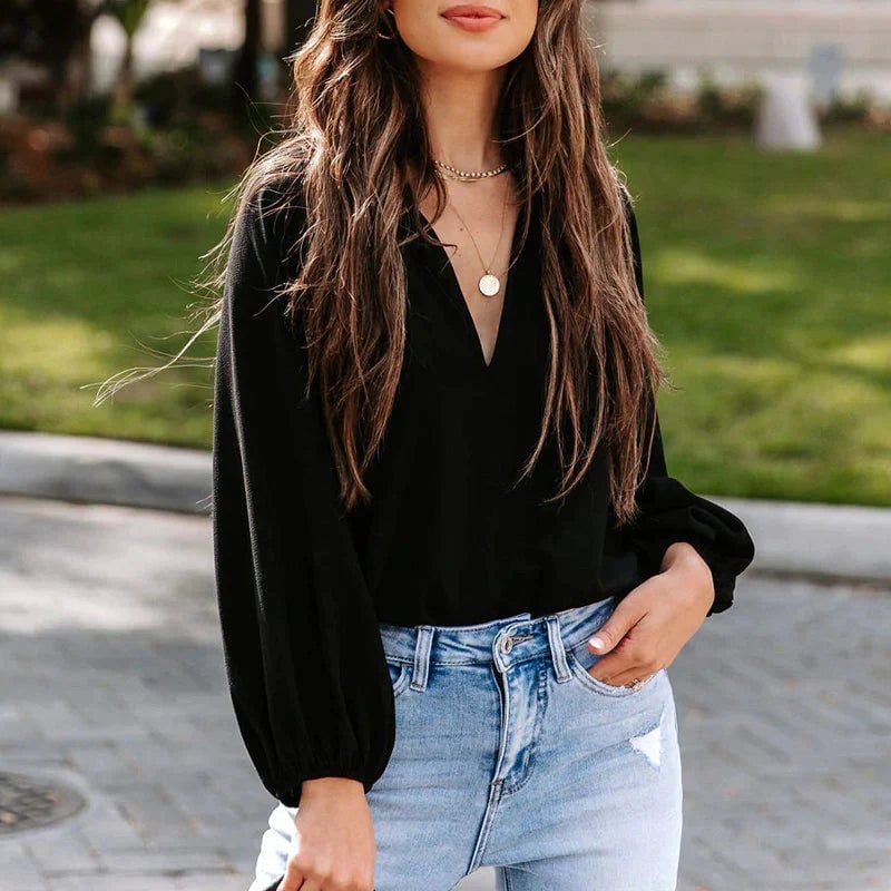 Ladies Comfy Casual V-neck Ruffle Collar Loose Blouse
