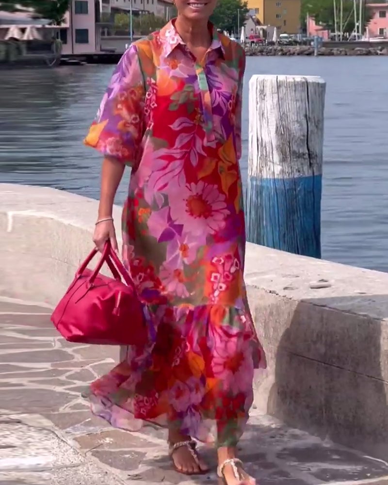 Colorful Printed Lantern Sleeve Loose Dress