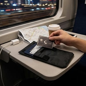 Travel waist belt purse with passport on a train