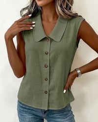 Sleeveless Lapel Linen-Cotton Shirt