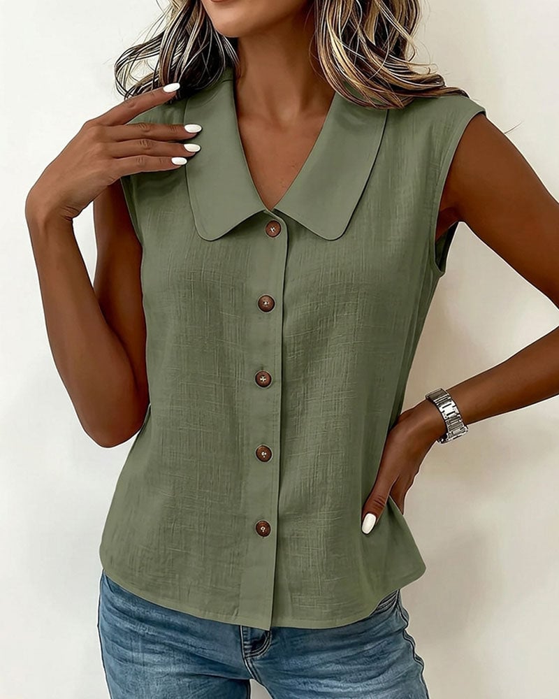 Sleeveless Lapel Linen-Cotton Shirt