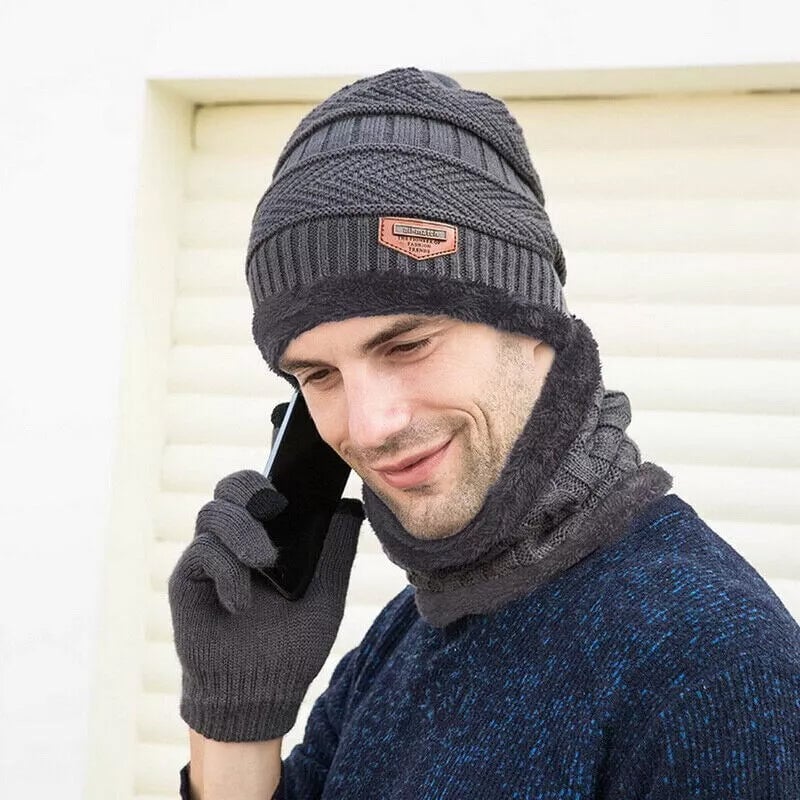 Knit Beanie Scarf and Gloves Warm 3-Piece Set