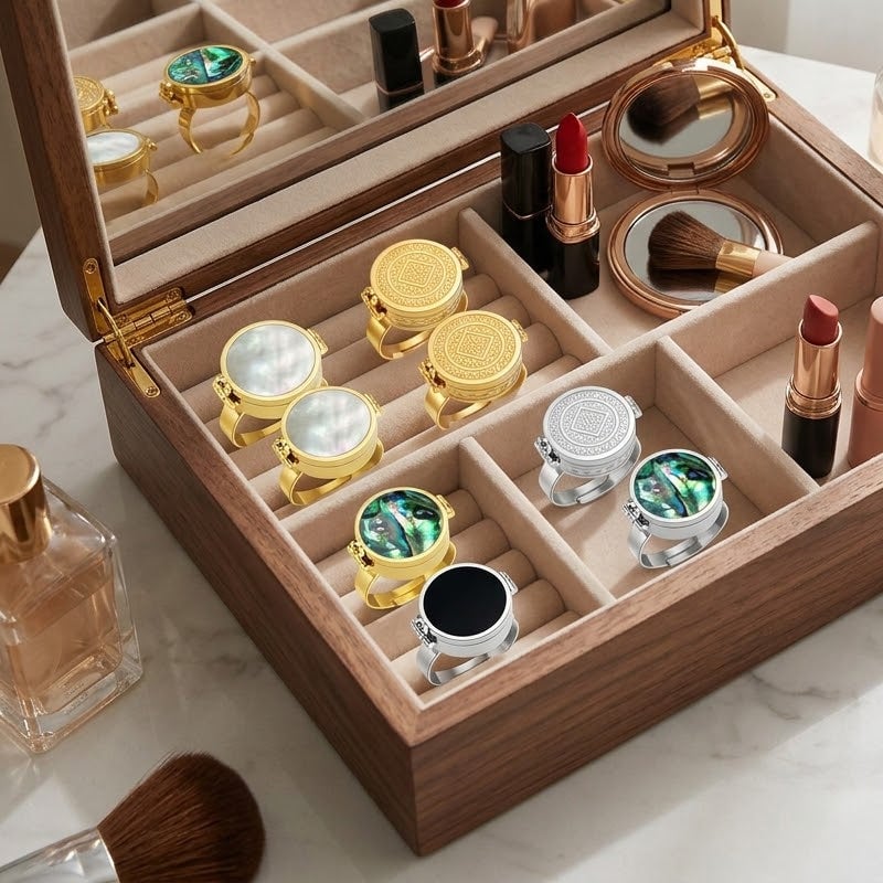 Lip balm, lipstick, and ring storage