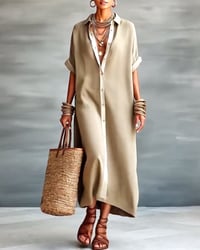 Elegant Lapel-Collar Draped Shirt Dress