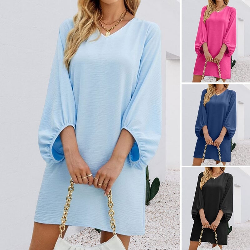 Solid Color V-Neck Puff Sleeve Loose Dress