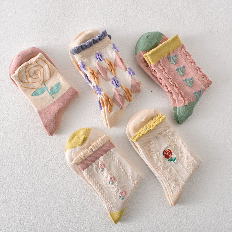 10 Pairs Women's Pink Floral Cotton Socks