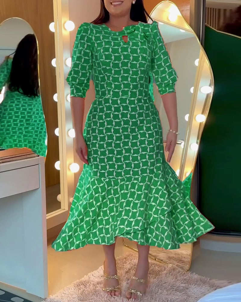 Robe Manches Mi-longues Col Rond Imprimé Taille