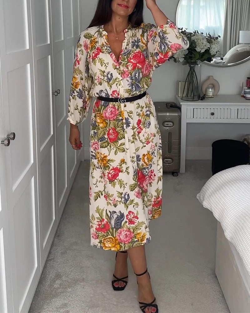Elegant floral print V-neck button dress