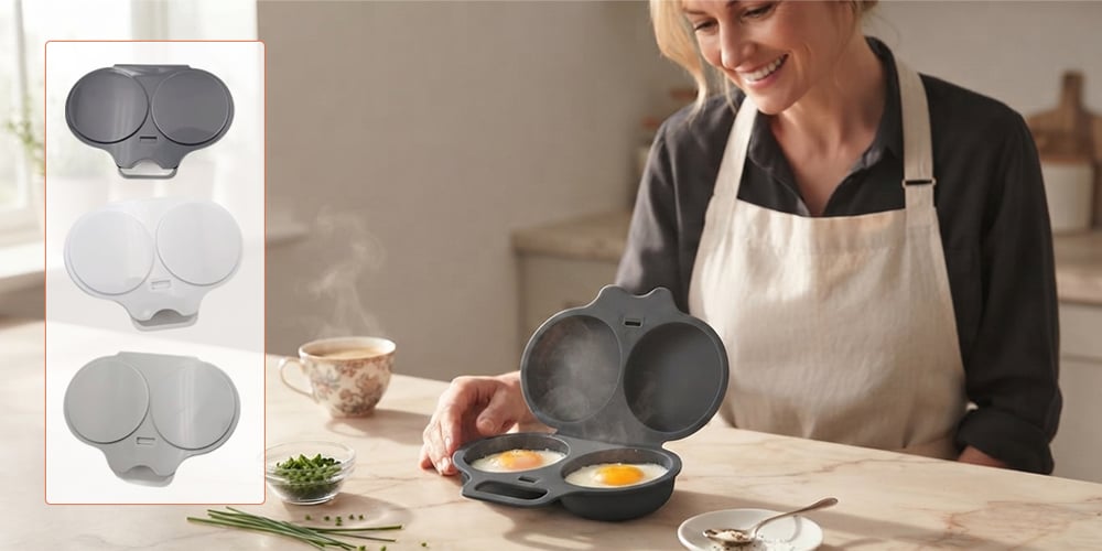 Woman preparing eggs with the microwave egg cooker