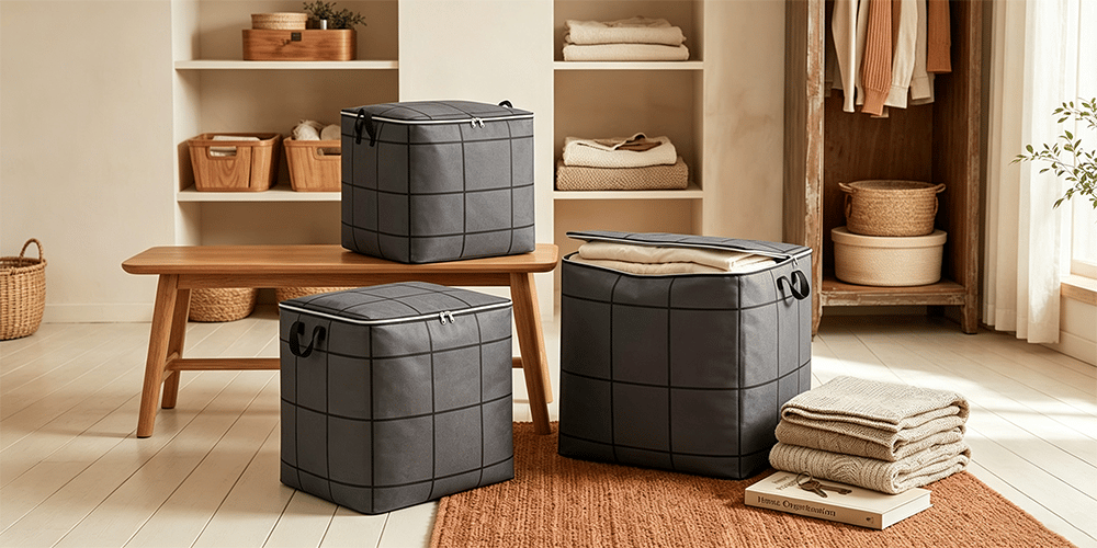 Portable moving storage bags arranged in an organized closet