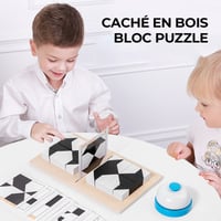 Puzzle géométrique en bois avec blocs cachés et plateau de rangement