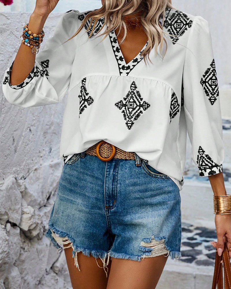Blouse V-hals Diamantprint Driekwartmouwen