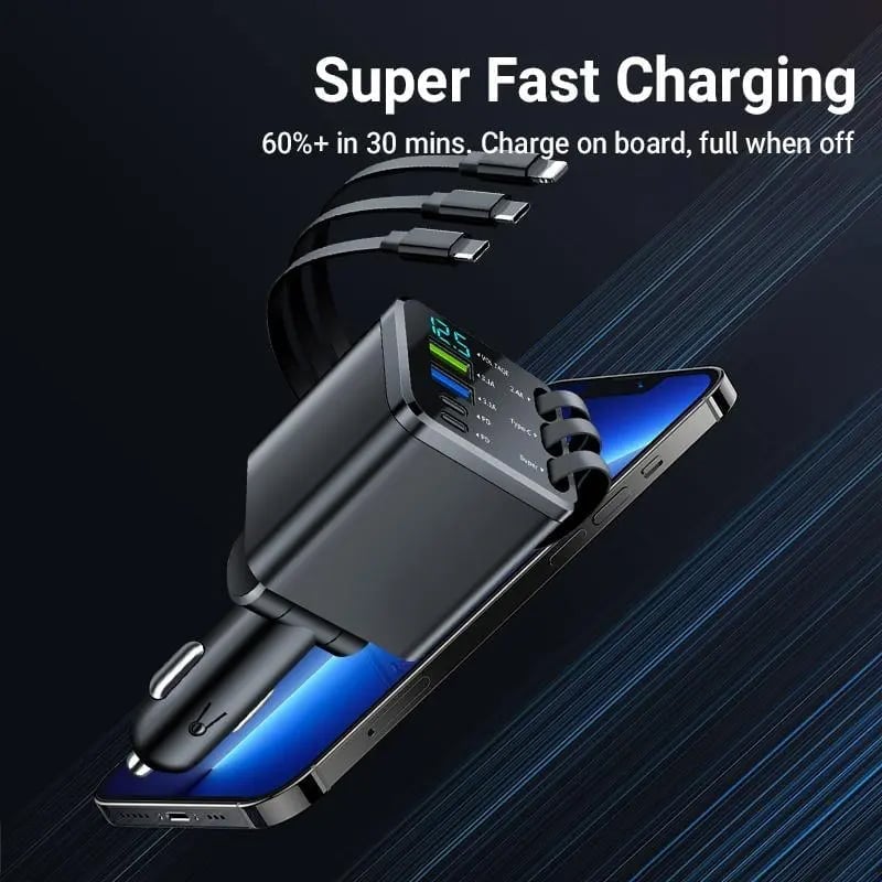 7-in-1 Universal Retractable Car Charger with Intelligent Voltage Display