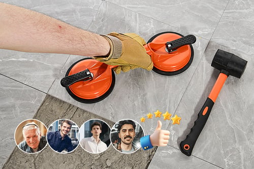 Sakerplus floor gap repair tool with mallet and customer rating graphics