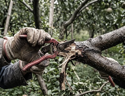 Thick branch being cut with manual pruning shears