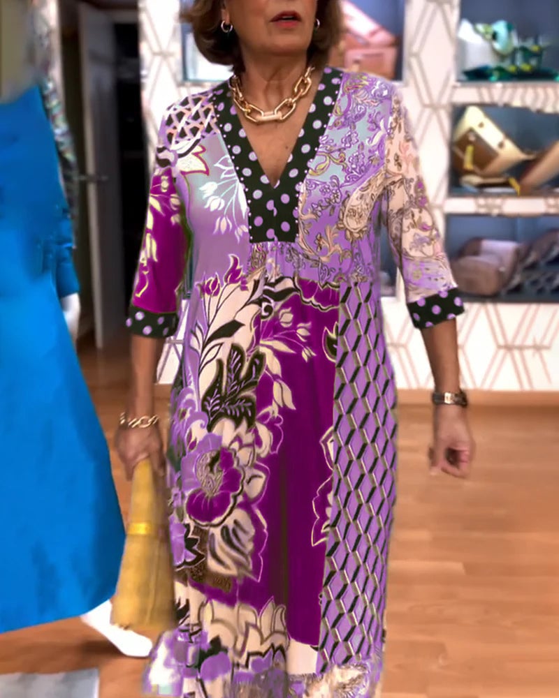 Robe au Col en V avec Impression Vintage et Découpe en Fente