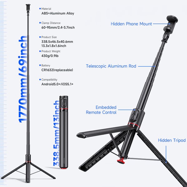 TT01 Extendable Bluetooth Selfie Stick Tripod