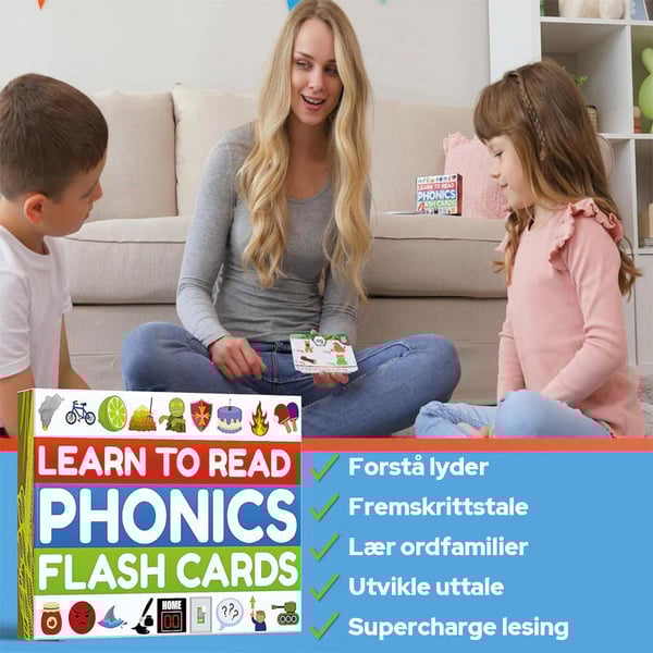Fonikk-kort - Lær å lese på 20 trinn - Digrafer, CVC-blandinger, lange vokallyder