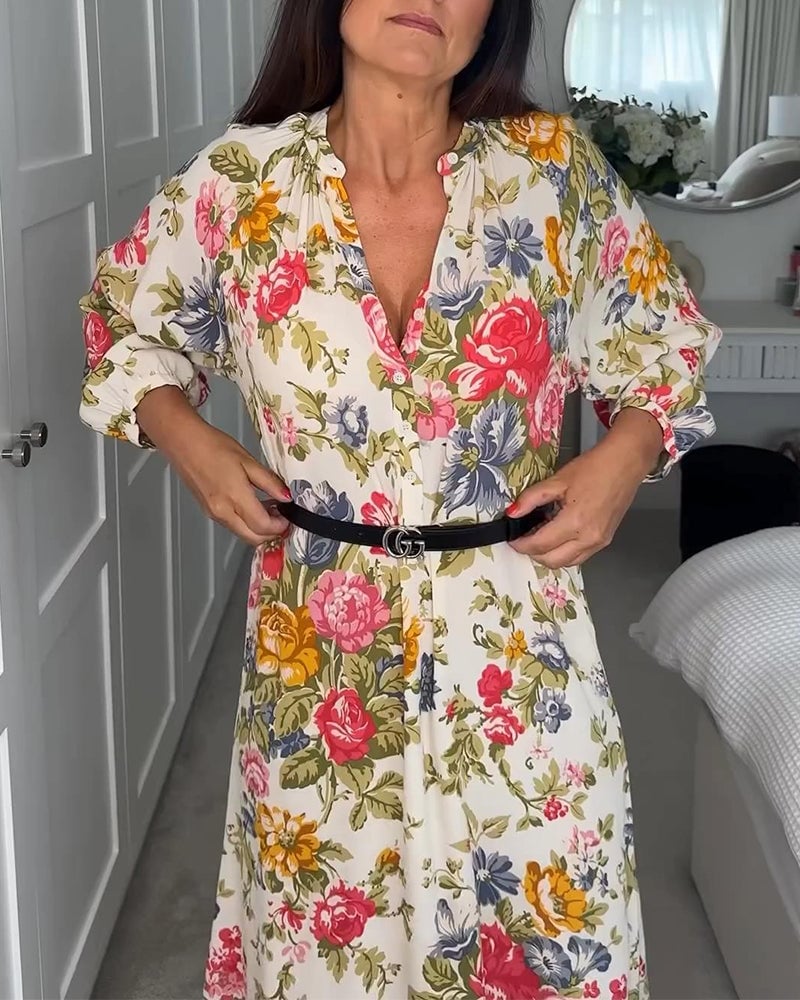 Elegant floral print V-neck button dress
